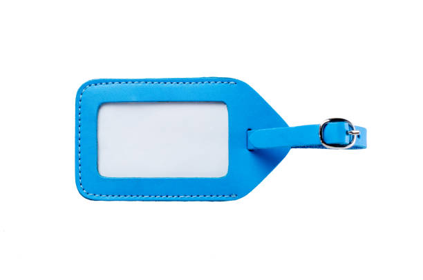 blue leather luggage tag,bag tag blue leather luggage tag isolated on white background luggage tag stock pictures, royalty-free photos & images