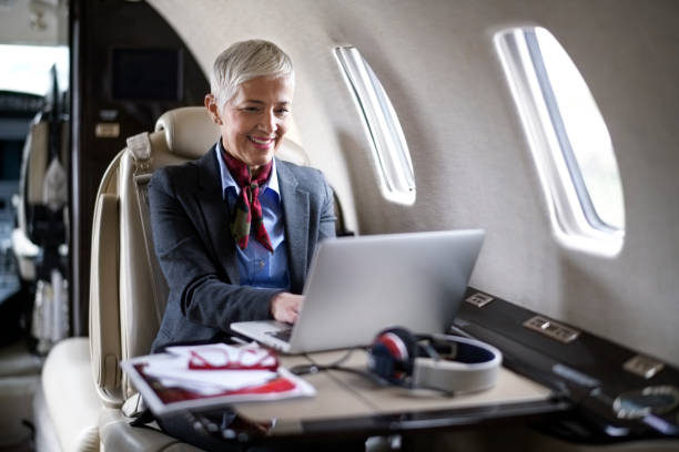 istock Businesswoman in private jet airplane 901924572