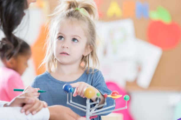 istock Little girl points to planet on solar system model 901926550