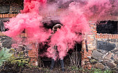 Young man posing with a smoke bomb.
