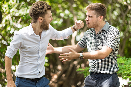 Two handsome and young furious men fighting with each other in the garden.