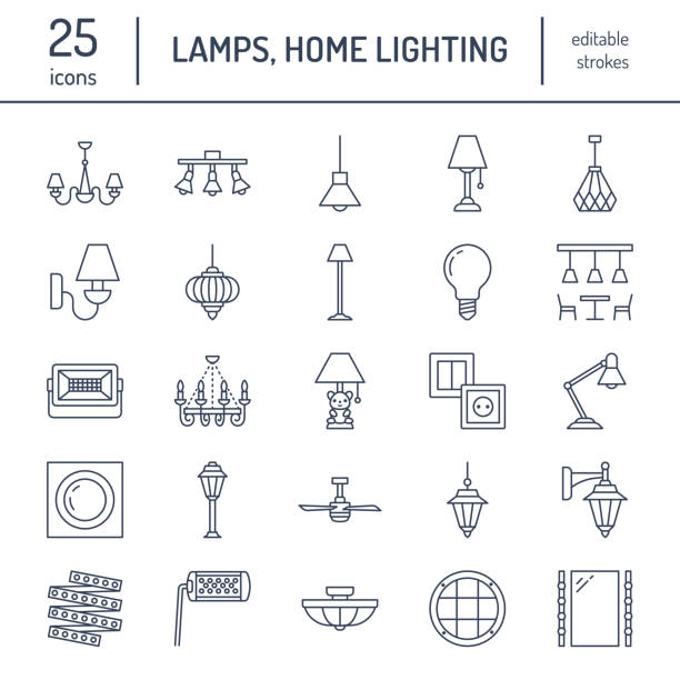 ilustrações de stock, clip art, desenhos animados e ícones de light fixture, lamps flat line icons. home and outdoor lighting equipment - chandelier, wall sconce, desk lamp, light bulb, power socket. vector illustration, signs for electric, interior store - lamp