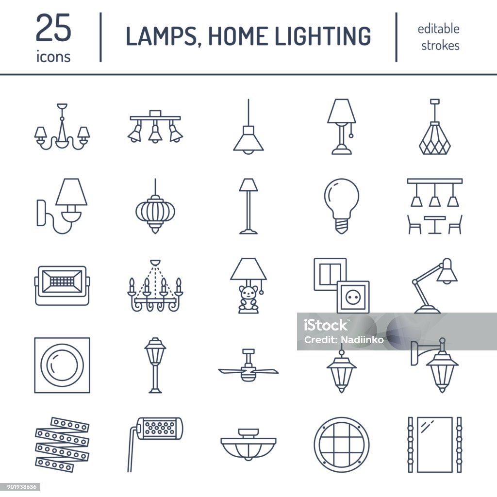 Light fixture, lamps flat line icons. Home and outdoor lighting equipment - chandelier, wall sconce, desk lamp, light bulb, power socket. Vector illustration, signs for electric, interior store Light fixture, lamps flat line icons. Home and outdoor lighting equipment - chandelier, wall sconce, desk lamp, light bulb, power socket. Vector illustration, signs for electric, interior store. Icon Symbol stock vector