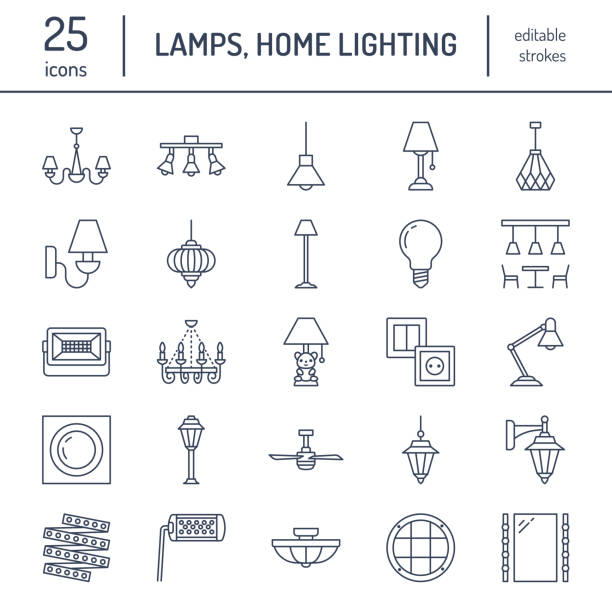 Light fixture, lamps flat line icons. Home and outdoor lighting equipment - chandelier, wall sconce, desk lamp, light bulb, power socket. Vector illustration, signs for electric, interior store Light fixture, lamps flat line icons. Home and outdoor lighting equipment - chandelier, wall sconce, desk lamp, light bulb, power socket. Vector illustration, signs for electric, interior store. light fixture stock illustrations