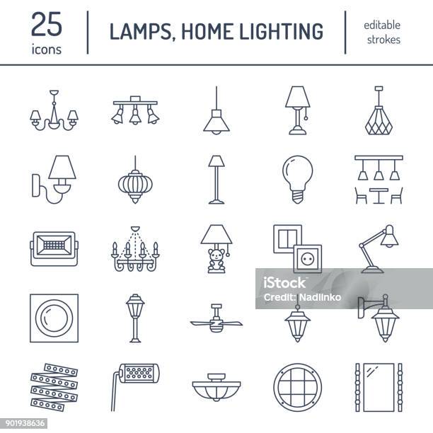 Light Fixture Lamps Flat Line Icons Home And Outdoor Lighting Equipment Chandelier Wall Sconce Desk Lamp Light Bulb Power Socket Vector Illustration Signs For Electric Interior Store Stock Illustration - Download Image Now