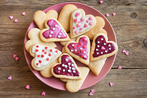 Heart shaped cookies with strawberry jam, Valentine's Day concept