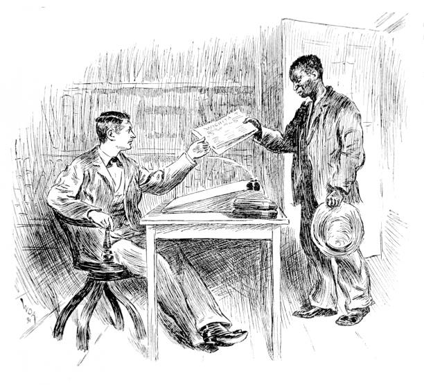 One man holds the "Wichita" Newspaper with the Sheriff sat down One man holds the "Wichita" Newspaper with another man sat down, from the story "The Sheriff and his partner" from the historic pre-1900 book "The English Illustrated Magazine 1891-1892". Imprint and cover as release. american slavery stock illustrations