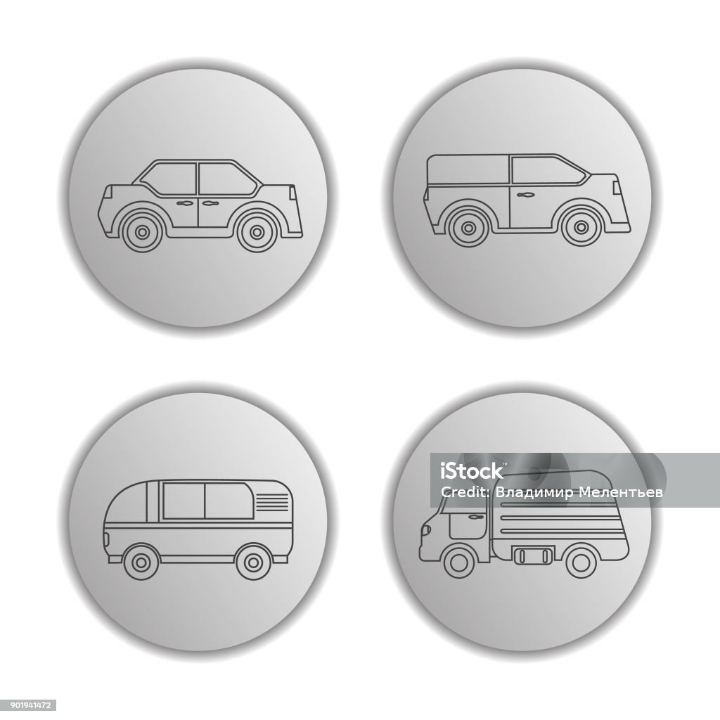 Icons with vehicles the sedan, the truck, pass the van, the SUV car. A design concept for the websites and mobile applications. In flat style a linear art a vector. Auto Repair Shop stock vector