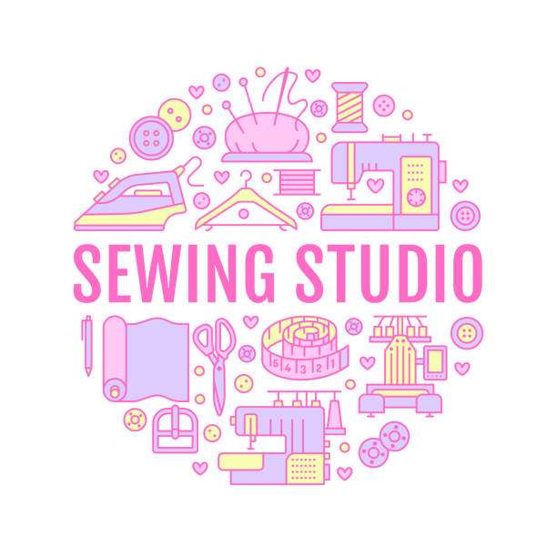 ilustrações de stock, clip art, desenhos animados e ícones de clothing repair, sewing studio equipment banner illustration. vector line icon of tailor store services - dressmaking, dress, garment sewing. clothes atelier circle template with place for text - sewing dressmakers model tape measure mannequin