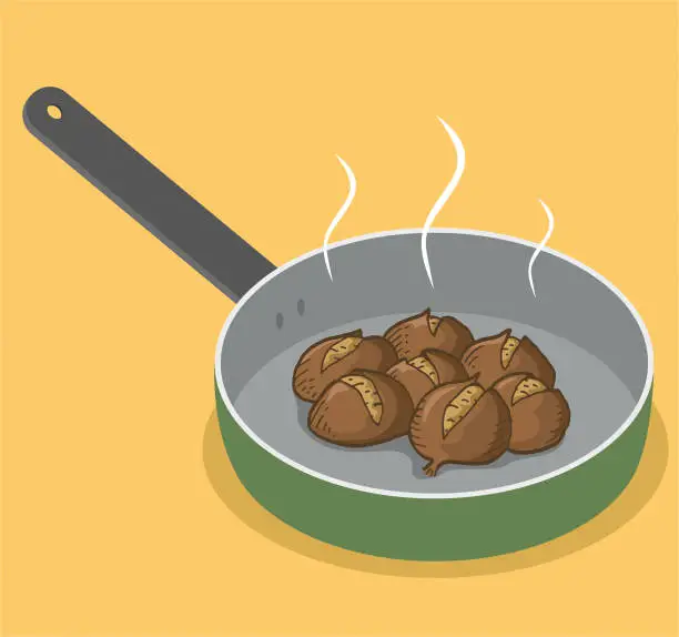 Vector illustration of Hot chestnuts in a pan