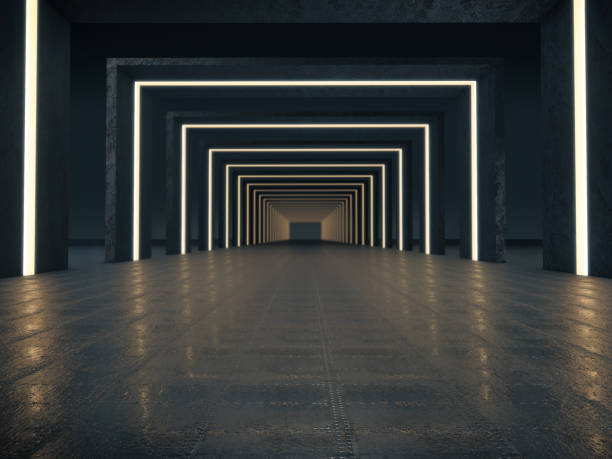 istock Long dark corridor interior with futuristic light. 3D rendering 901949440