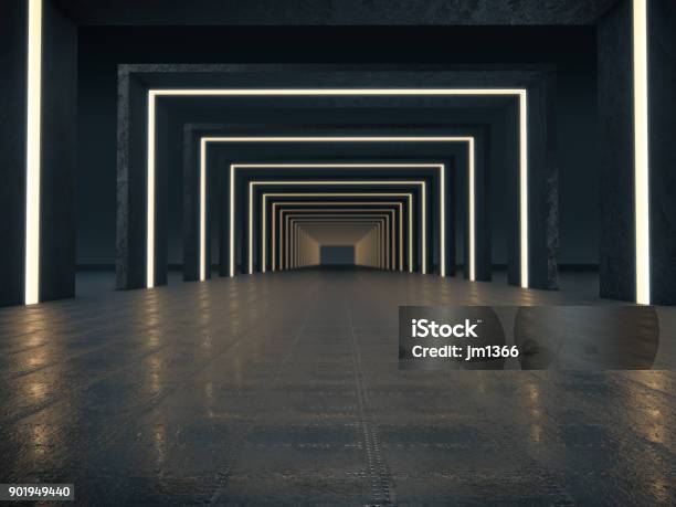 Long Dark Corridor Interior With Futuristic Light 3d Rendering Stock Photo - Download Image Now