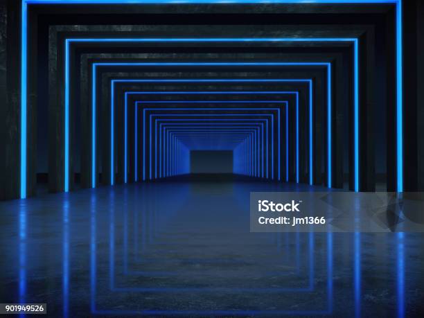 Long Dark Corridor Interior With Futuristic Light 3d Rendering Stock Photo - Download Image Now