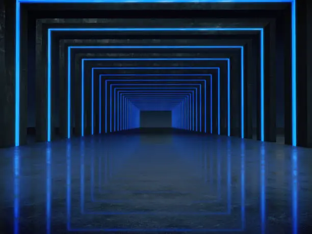 Photo of Long dark corridor interior with futuristic light. 3D rendering