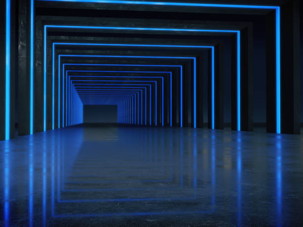 istock Long dark corridor interior with futuristic light. 3D rendering 901950074