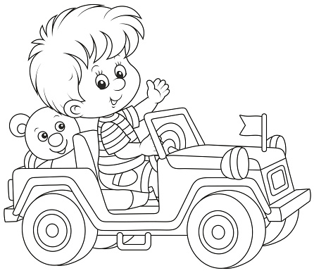 A little boy sitting in a sport off road vehicle, a black and white vector illustration in cartoon style for a coloring book