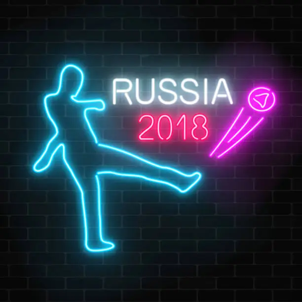 Vector illustration of Football world cup 2018 in Russia neon glowing signboard on a dark brick wall background.