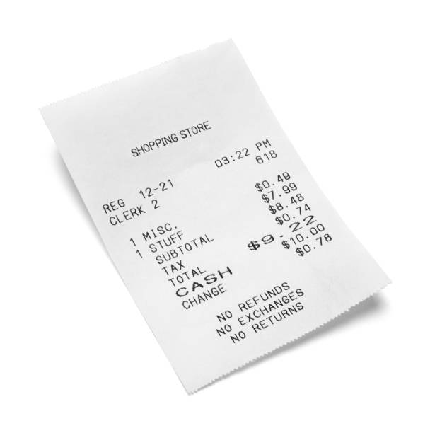 Shopping Receipt Paper Sales Receipt Isolated on White Background. cash register photos stock pictures, royalty-free photos & images