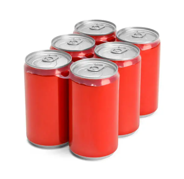 Six Pack of Red Soda Cans with Copy Space Isolated on White Background.