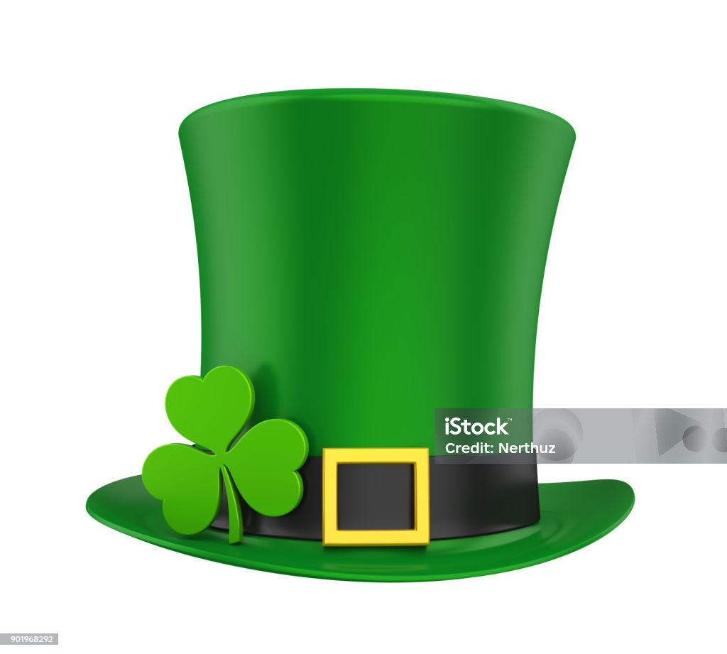 St. Patrick's Day Hat with Clover Isolated St. Patrick's Day Hat with Clover isolated on white background. 3D render Hat Stock Photo