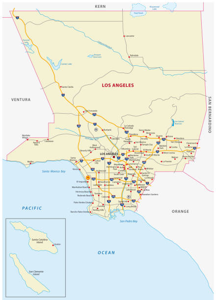 ilustrações, clipart, desenhos animados e ícones de mapa de estrada no condado de los angeles - pacific coast highway