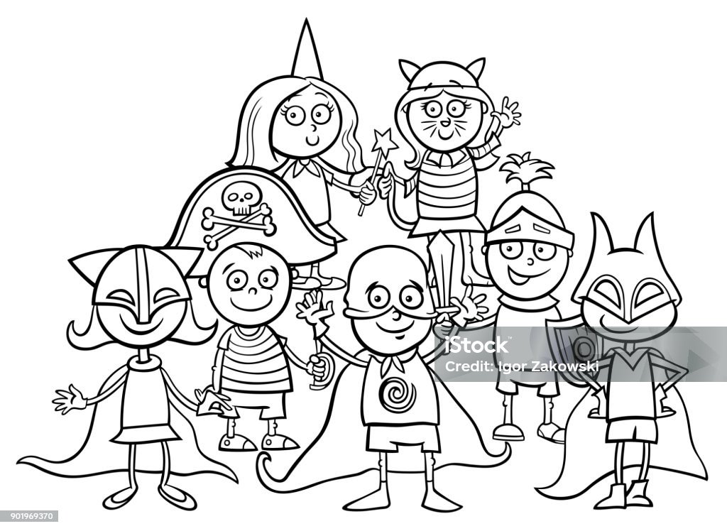 kids group at mask ball coloring book Black and White Cartoon Illustration of Elementary Age Children Characters at the Mask Ball Coloring Book Coloring stock vector