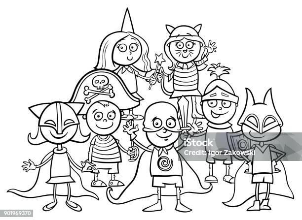 Kids Group At Mask Ball Coloring Book Stock Illustration - Download Image Now - Coloring, Superhero, Child