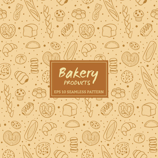 ilustrações de stock, clip art, desenhos animados e ícones de hand drawn bakery products seamless pattern - breakfast background