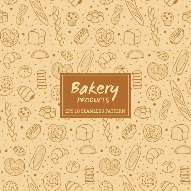 ручная нарисованная хлебобулочные изделия бесшовный узор - backgrounds baked bakery breakfast stock illustrations
