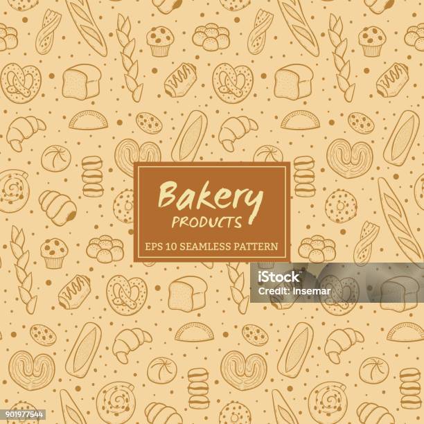 Hand Drawn Bakery Products Seamless Pattern Stock Illustration - Download Image Now - Bakery, Backgrounds, Bread