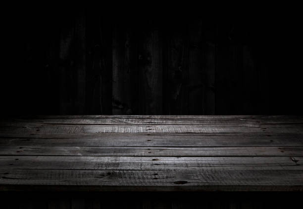 istock Dark wood table, black wooden perspective interior, for product display 901977816