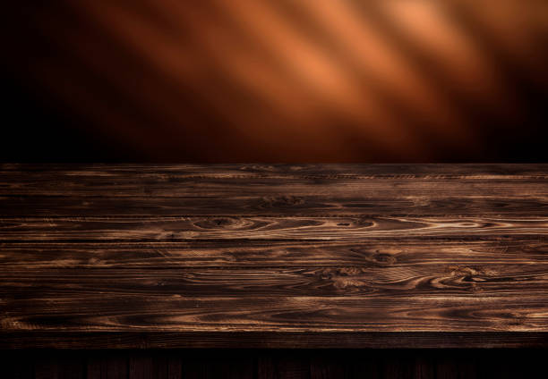Dark wood table, brown wooden perspective interior
