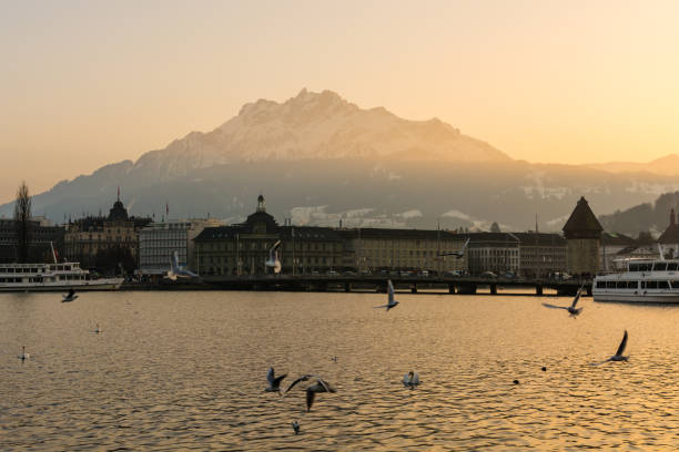 Luzern, Switzerland - February 2017 - View on majestic Mount Pilatus and city of Luzern, Switzerland