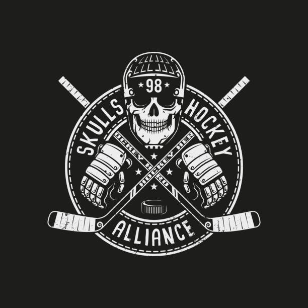 maskotka z emblematem hokejowym z czaszką w kasku - tattoo grunge crest coat of arms stock illustrations