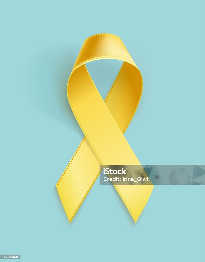 Childhood Cancer Awareness Ribbon. Childhood Cancer Awareness Ribbon. Realistic yellow ribbon, childhood cancer awareness symbol, isolated on blue. Vector illustration Yellow stock vector