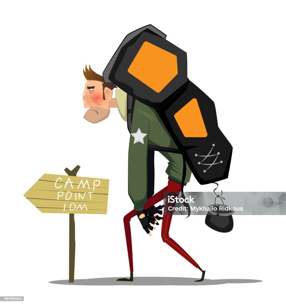 Tired Cartoon Man With Backpack Going To Camp Point Stock Illustration -  Download Image Now - iStock