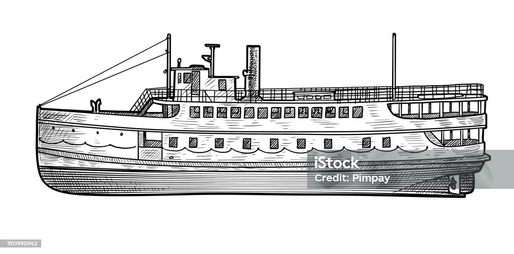 Steamer illustration, drawing, engraving, ink, line art, vector Illustration, what made by ink, then it was digitalized. Steamboat stock vector