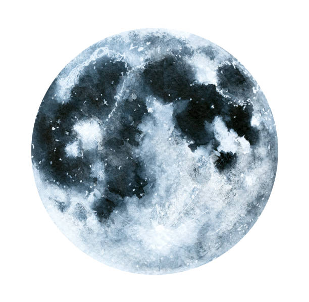 Big watercolor moon illustration. Symbol of new beginning, dreaming, romance, fantasy, magic. Black, grey colors, circle, full view. Hand drawn water colour painting, isolated on white background. moon surface illustrations stock illustrations