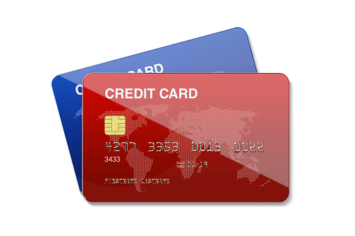 Blue and red credit cards on white background. Horizontal composition with clipping path.