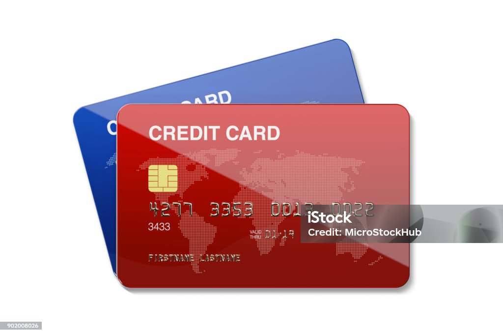Cartões de crédito de azul e vermelho sobre fundo branco - Foto de stock de Cartão de crédito royalty-free