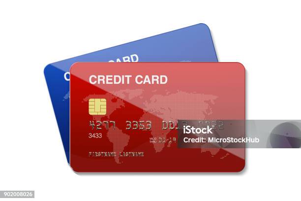 Foto de Cartões De Crédito De Azul E Vermelho Sobre Fundo Branco e mais fotos de stock de Cartão de crédito