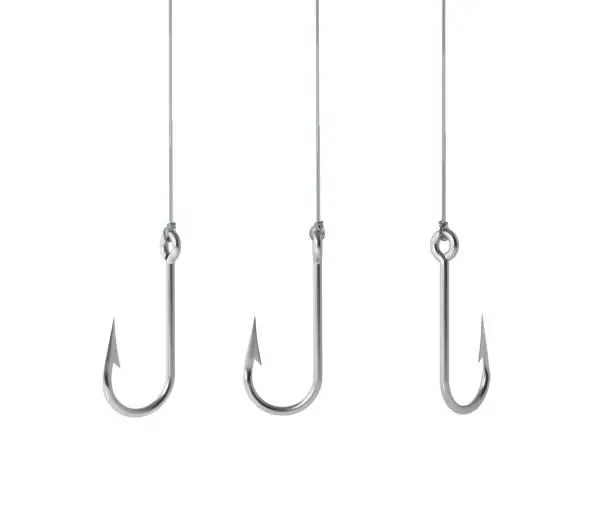 Fishing hooks on white background. Horizontal composition. Clipping path is included.