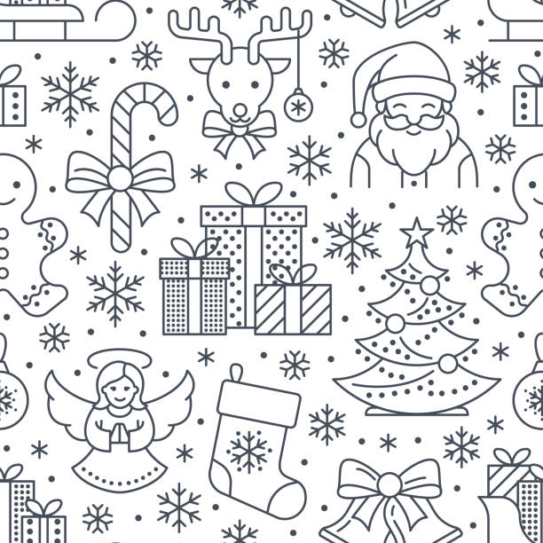 クリスマス、新年のシームレスなパターン、線図。ベクトル アイコン冬休日クリスマス ツリー、プレゼント、サンタ、プレゼント、ジングルの鐘への手紙。出版記念パーティで白の黒の繰り返される背景 - christmas candle wreath backgrounds点のイラスト素材／クリップアート素材／マンガ素材／アイコン素材