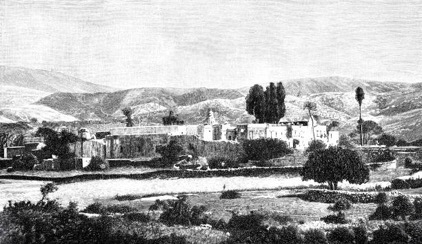 Arkadi Monastery in Crete Illustration from 19th century crete cartoon stock illustrations