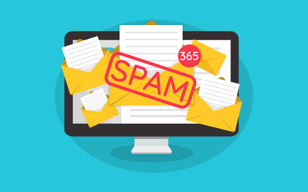 spam-konzept, eine menge von e-mails auf dem bildschirm eines monitors. e-mail-kasten hacker, spam-warnung. abbildung - e mail posteingang stock-grafiken, -clipart, -cartoons und -symbole