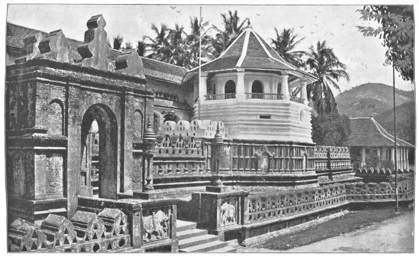 Temple of the Tooth in Kandy, British Ceylon during the british era. Vintage photo printed in halftone circa late 19th century. Kandy is now part of Sri Lanka.