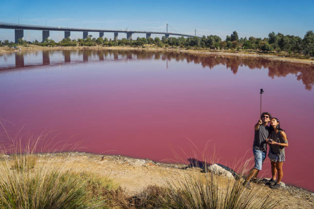 Port Melbourne - Pink Lake at Westgate Park Melbourne, Australia - March 14, 2017: A couple use a selfie stick to take a photo of themselves before the lake at Westgate Park. The lake has turned pink as algae growing in it produces a red pigment during warmer months. port melbourne melbourne stock pictures, royalty-free photos & images