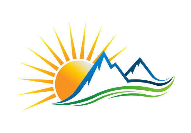 ilustraciones, imágenes clip art, dibujos animados e iconos de stock de montañas de sol símbolo ilustración vectorial - rocky mountains exploration horizontal outdoors