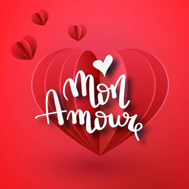 istock Mon amoure vector handwritten text greeting card card design with 3d realistic paper cut heart shape balloon and hearts decorations in red background. Vector illustration 10 eps 902034674