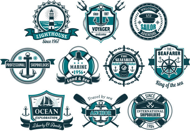 Sea anchor and boat helm nautical badge set Sea anchor and boat helm nautical badge set. Anchor and steering wheel of marine ship, sailboat, lighthouse, diving helmet, bell and captain cap with lifebuoy, rope, chain for nautical heraldic design vintage steering wheel stock illustrations